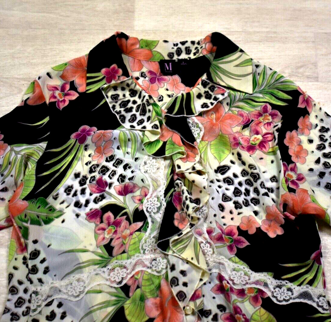 Y2K Milano Leopard Print Tropical Floral Top Blouse Ruffle Small VTG 2000s