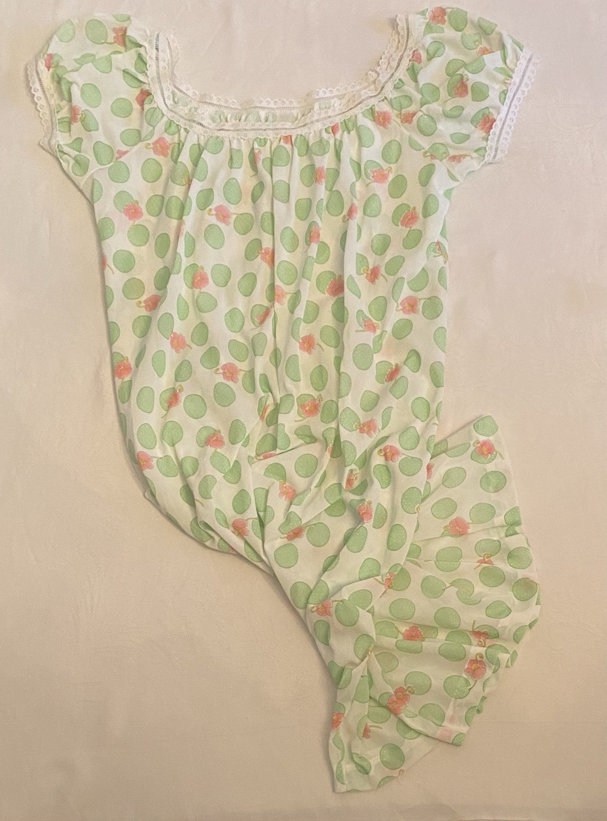 Vintage Nylon & Lace Babydoll Nightgown Size XL Nightie Lingerie Green and Pink
