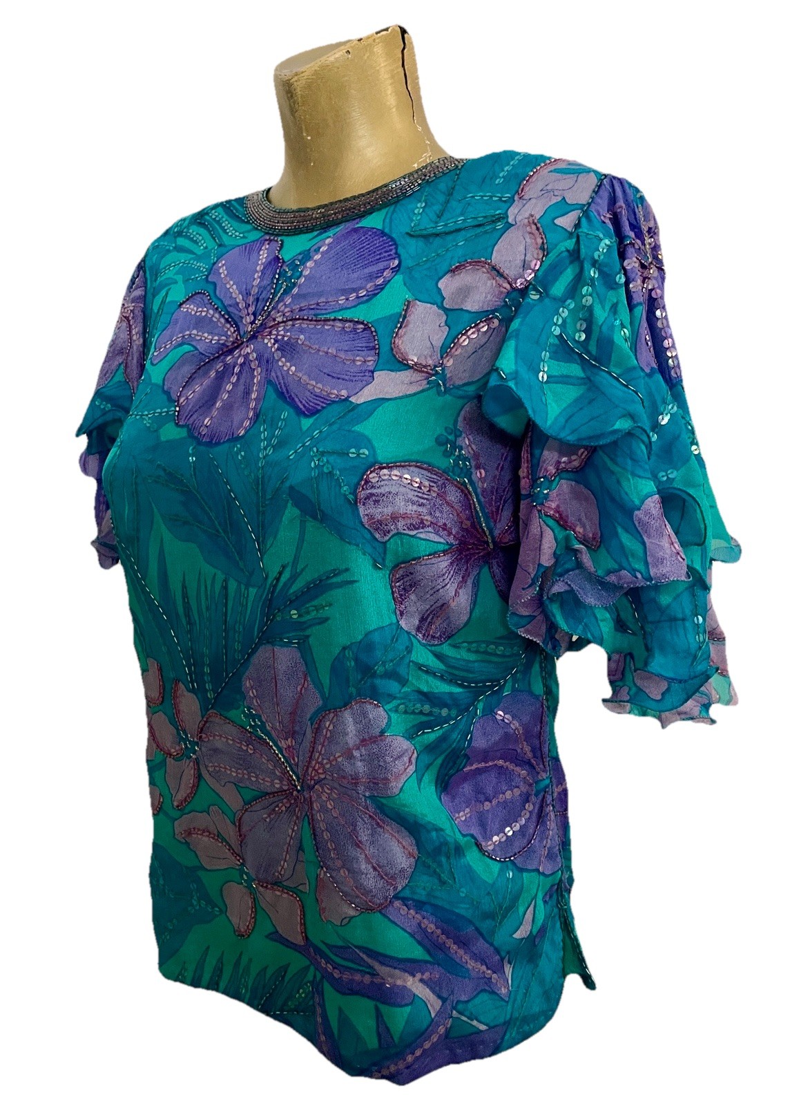 JUDITH ANN CREATIONS Vintage 80’s SILK Beaded TROPICAL Floral BLOUSE Size Small