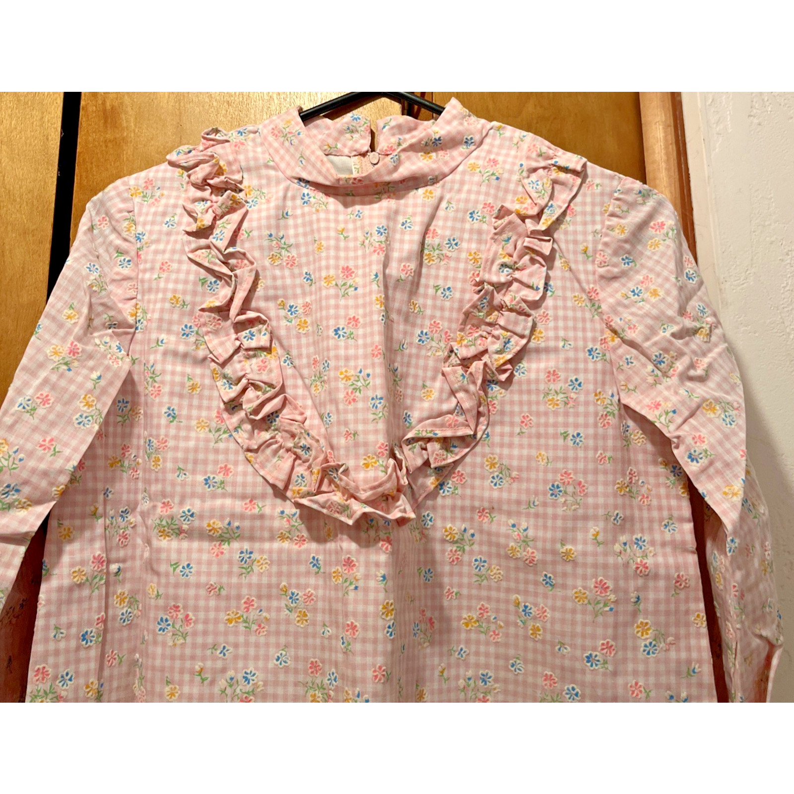 1960s Nightgown Pink Checkered Fabric w Small Flowers Prairie Gramacore Cottage