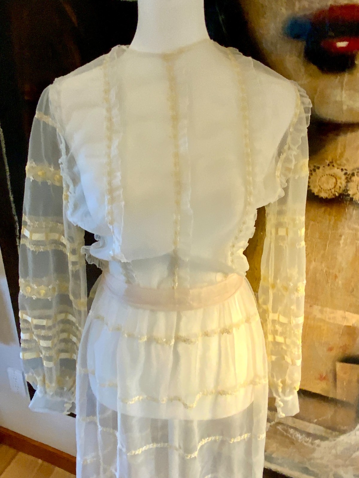 1970s Sheer Romantic Bridal Dress | Edwardian Revival Ivory with Ribbon