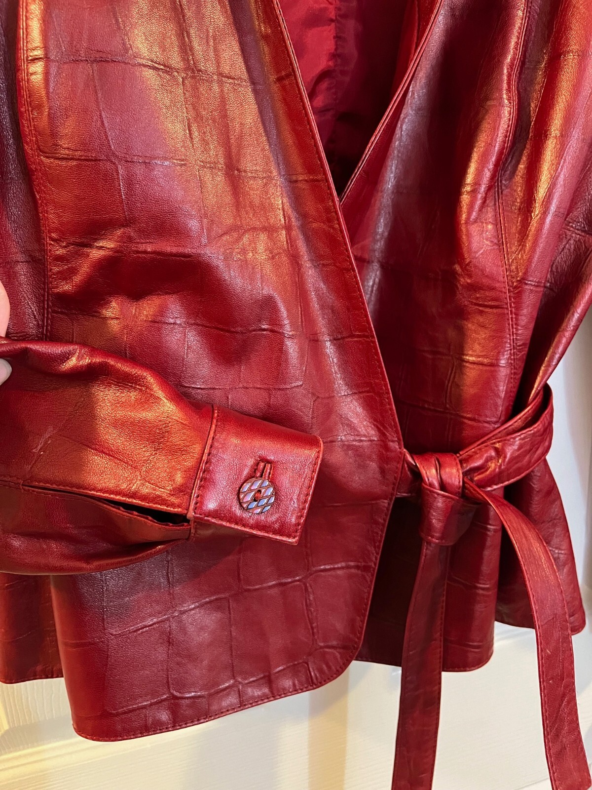 Noviello Bloom Vintage Red Leather Jacket Croc-Embossed Wrap Belt Size 4 Women’s