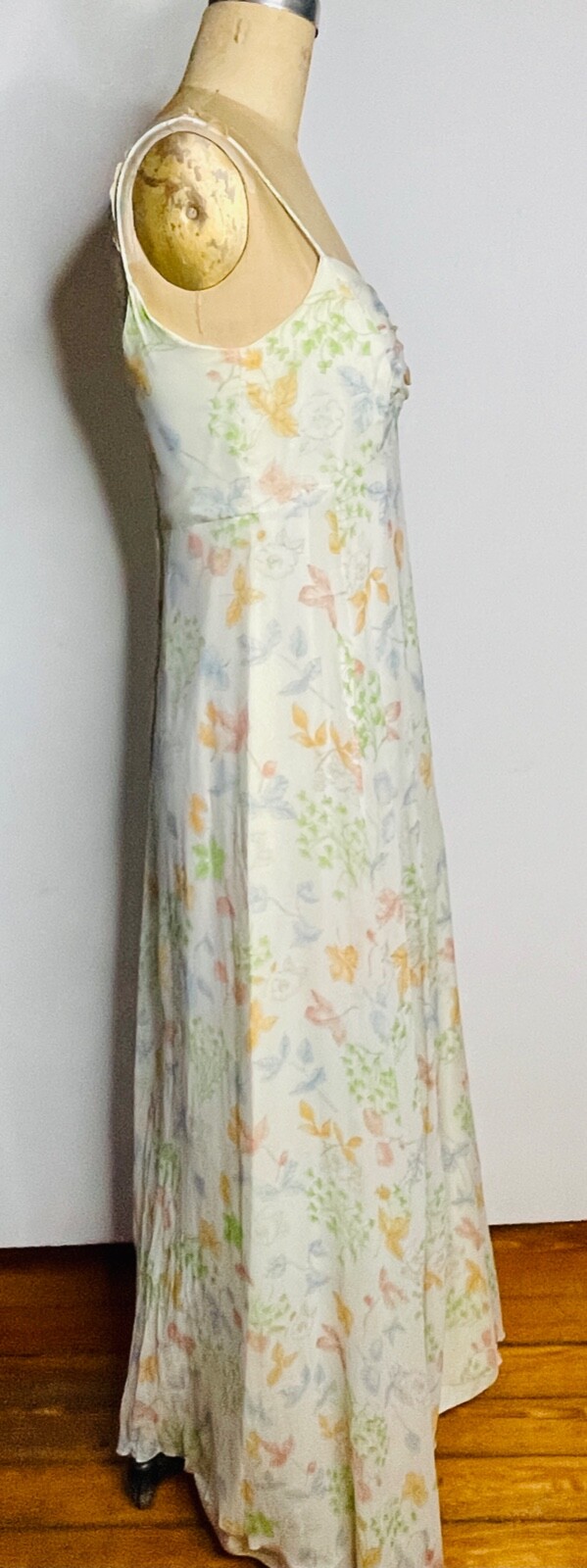 VTG 70’S IVORY BOHO DISCO FLORAL GARDEN PRINT CHIFFON MAXI DRESS GOWN*XS/S