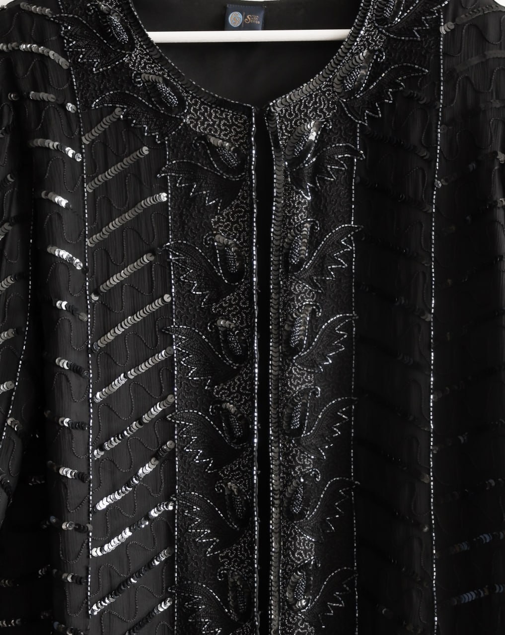 Vintage 100% Silk Beaded Sequin Black Evening Jacket C&A Your Sixth Sense XL