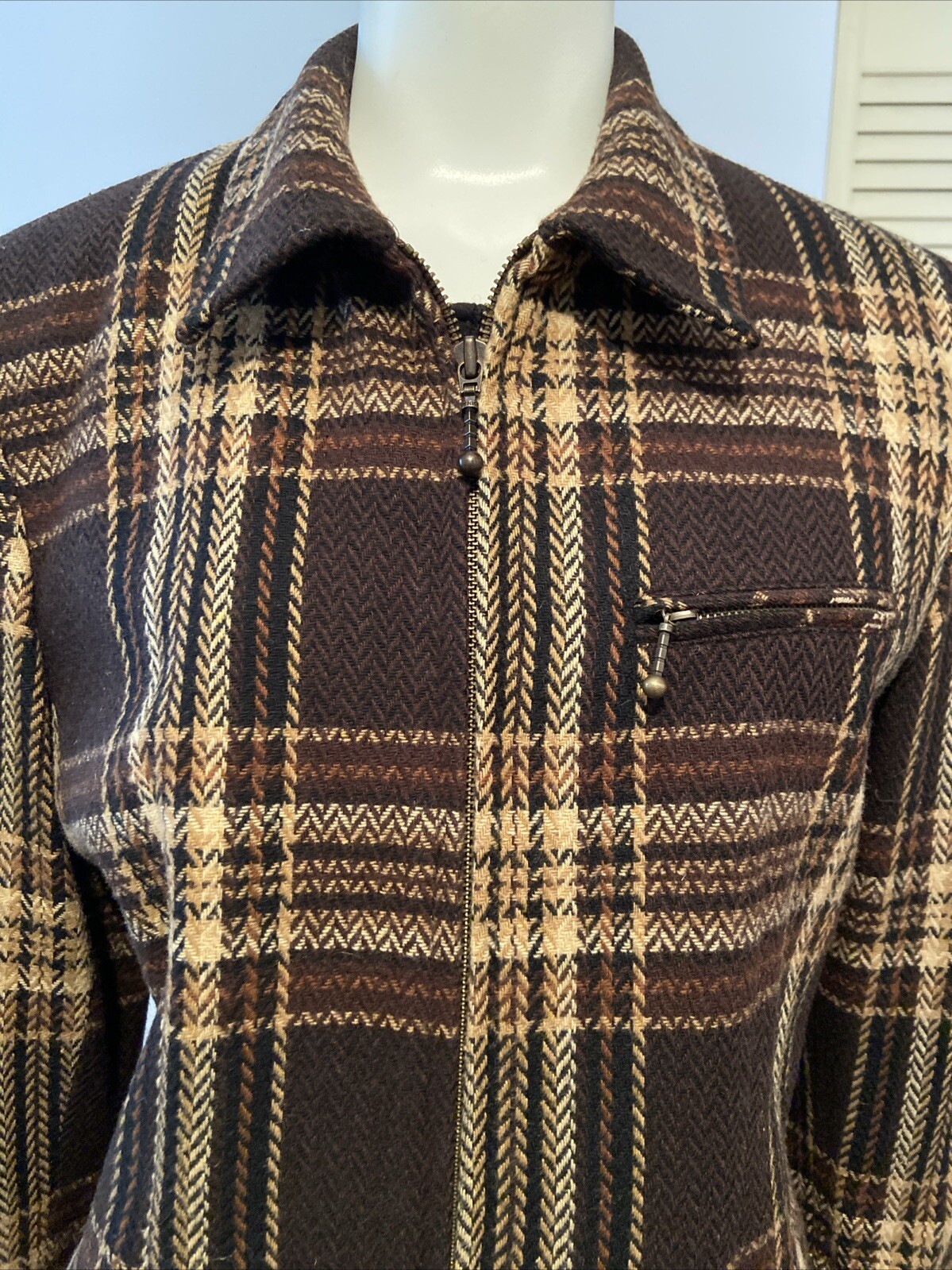 LAURA SCOTT Vtg Womens Jacket/ Blazer Brown Plaid Zip front Lined , Pockets Sz 8