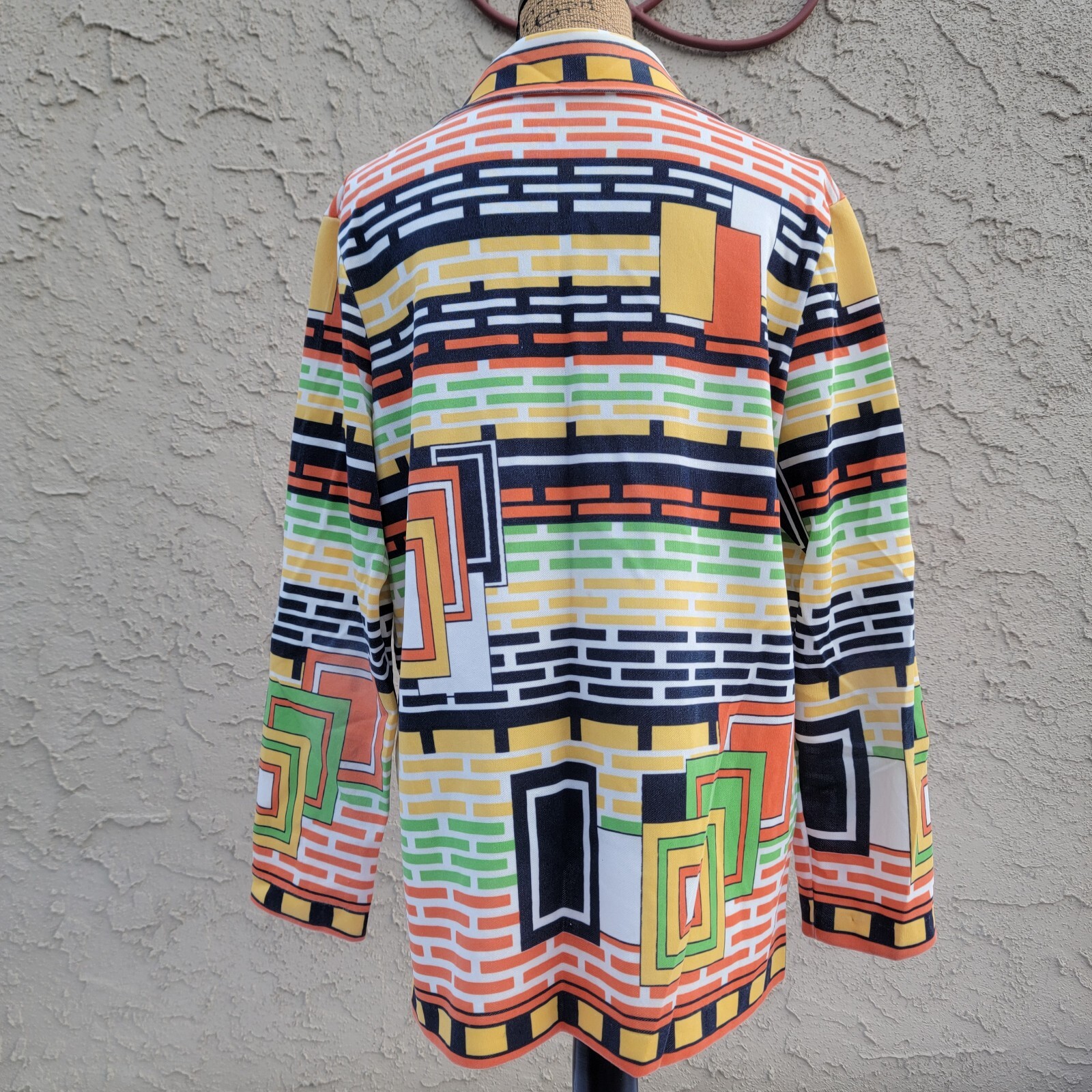 Vintage Polyester Top, Bright Geometric Rectangle Print, Green Orange Brown