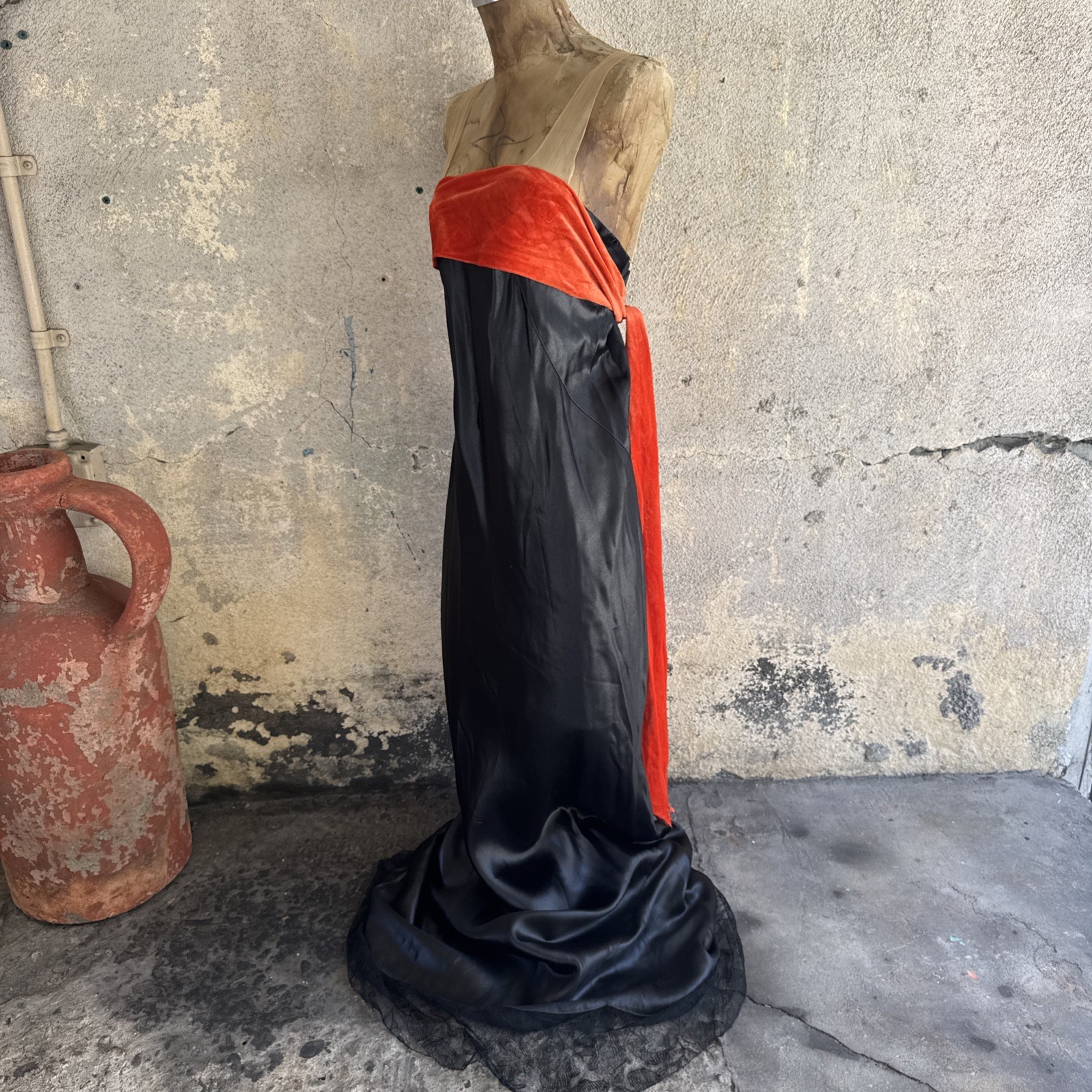 Vintage 1930s Black Silk Satin Dress Orange Silk Velvet Bow Wrap Lace Trim Bias