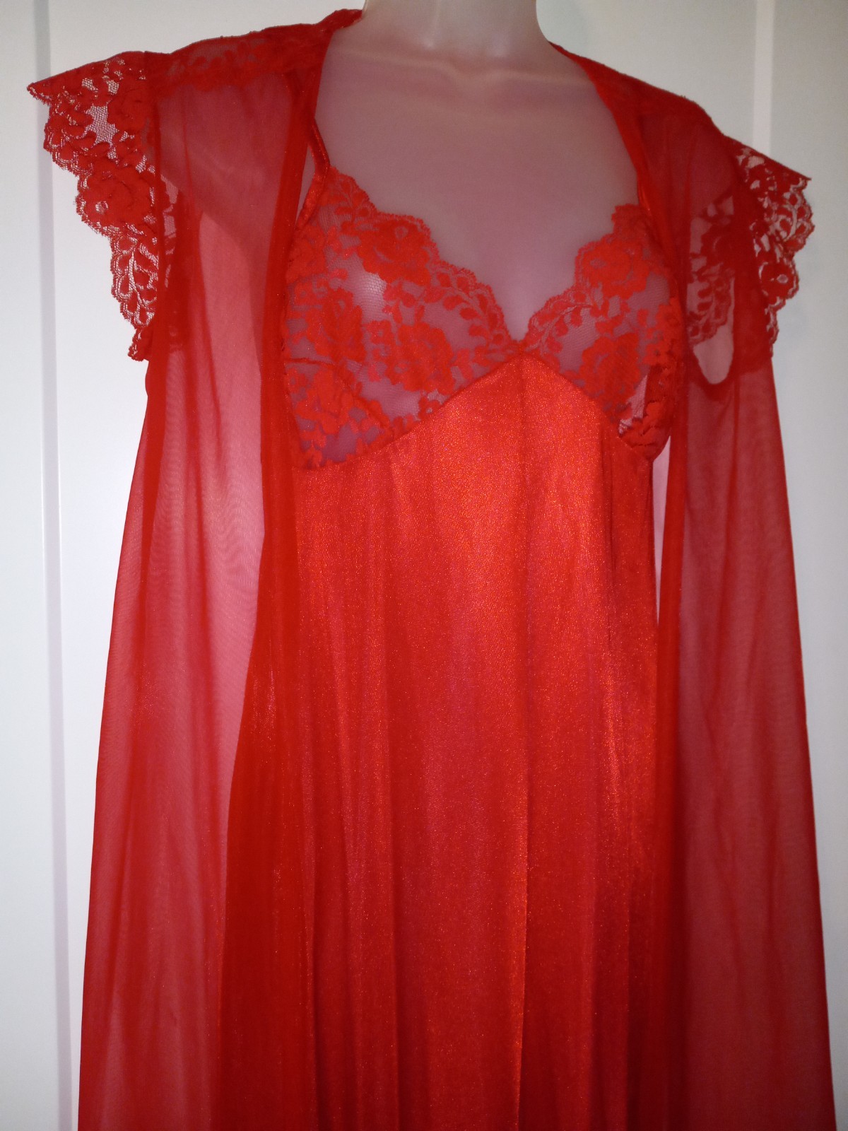 Vintage 80s Taryn Alexander Red Lace Nylon Nightgown Peignoir Lingerie Set M EUC