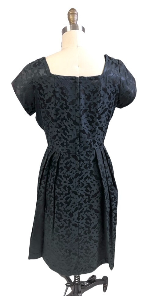 VTG 1960s Black Damask Cocktail Dress NWOT Square Neck Buttons Full Skirt S/M