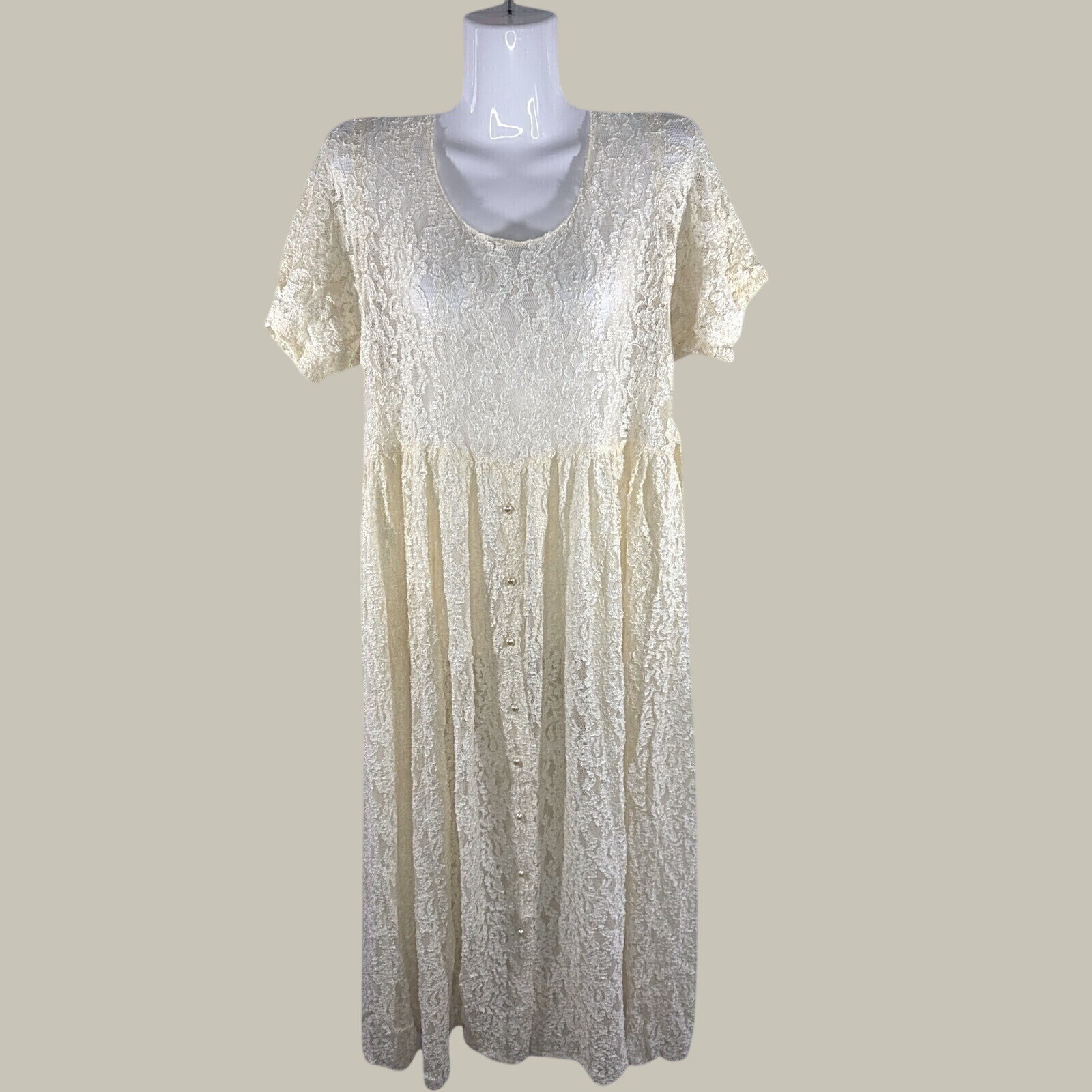 VTG 90s Moda Intl Ivory Lace Pearl Button Front Sheer Midi Dress Sz. 4 Victorian