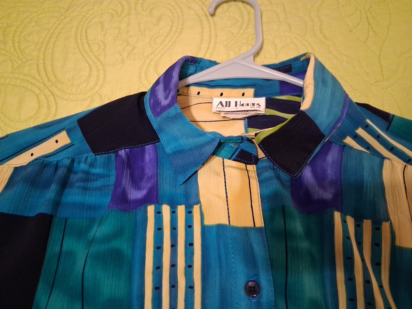 Vintage 80s All Hours Blue/Green/Yellow Long Sleeve Button Front Blouse Sz L