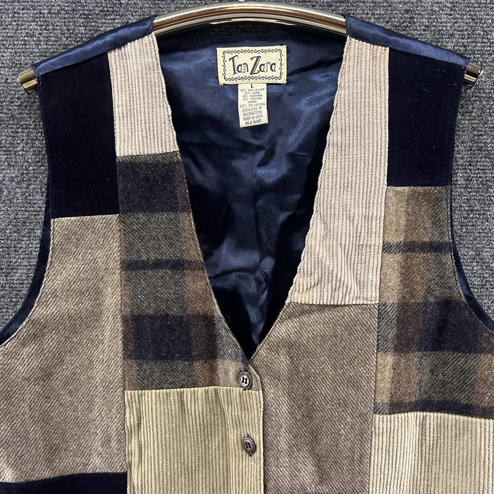 Vintage Tan Zara Patchwork Vest Womens Large Plaid Wool Leather Blend Beige Tan