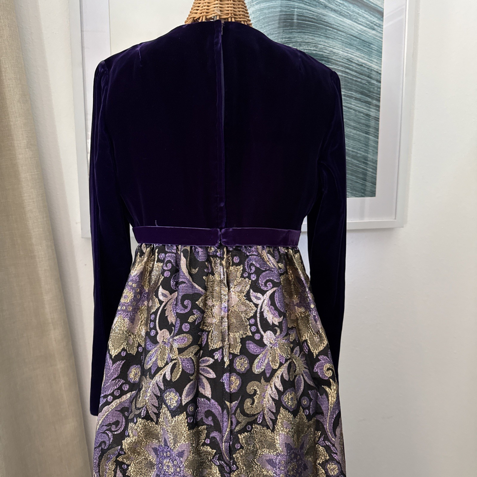VTG Kent Originals Purple Velvet V Neck Brocade Black Gold Velvet Empire Gown