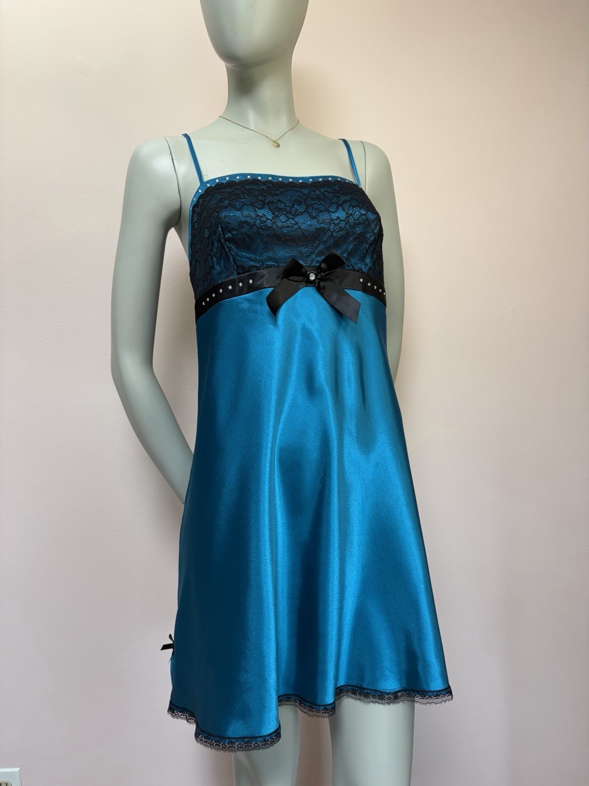 Vintage Y2K Morgan Taylor Teal Rhinestone Bows Satin Lace Slip Dress Chemise L