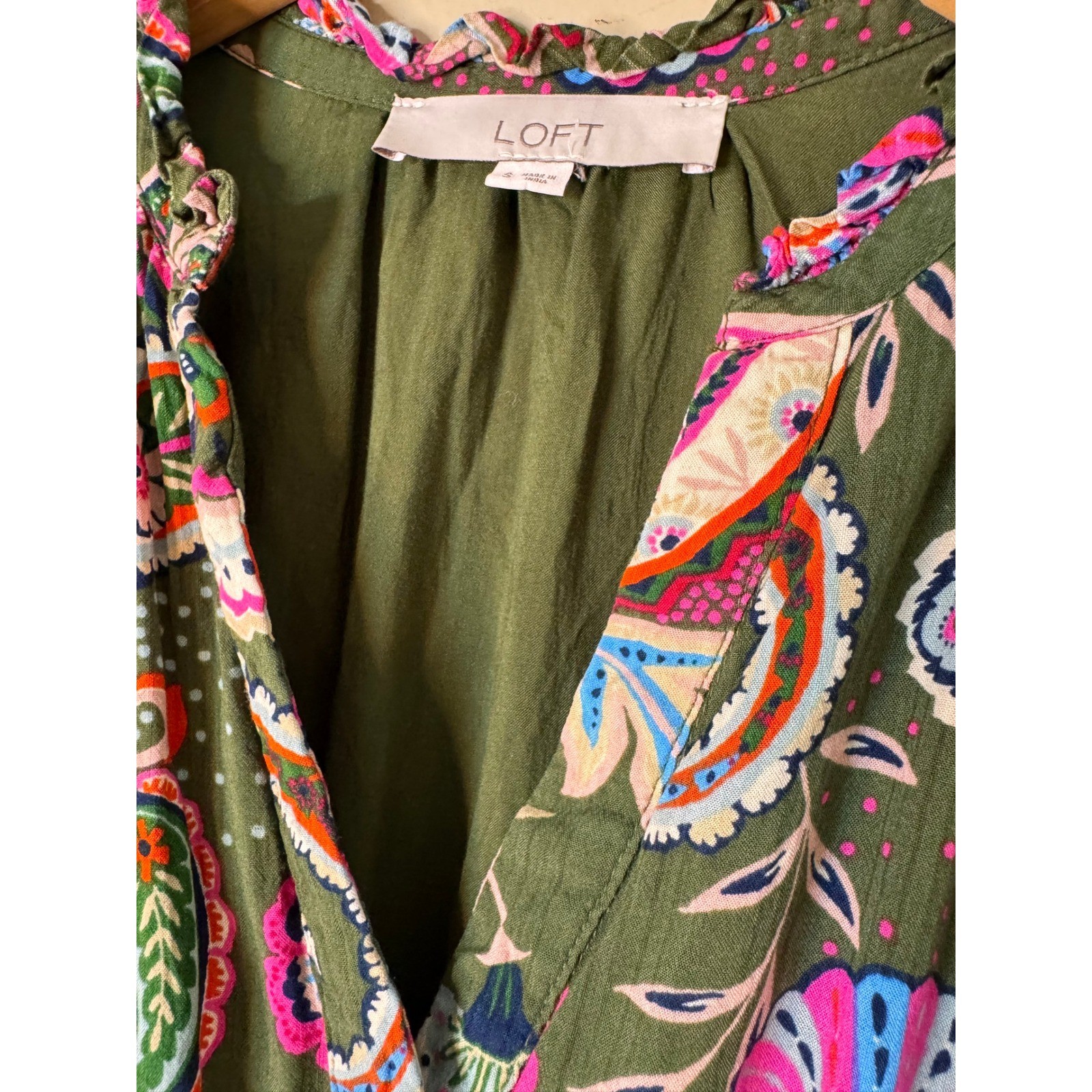 Olive Green Boho Prairie Maxi Dress Paisley Floral Cottagecore Peasant Small