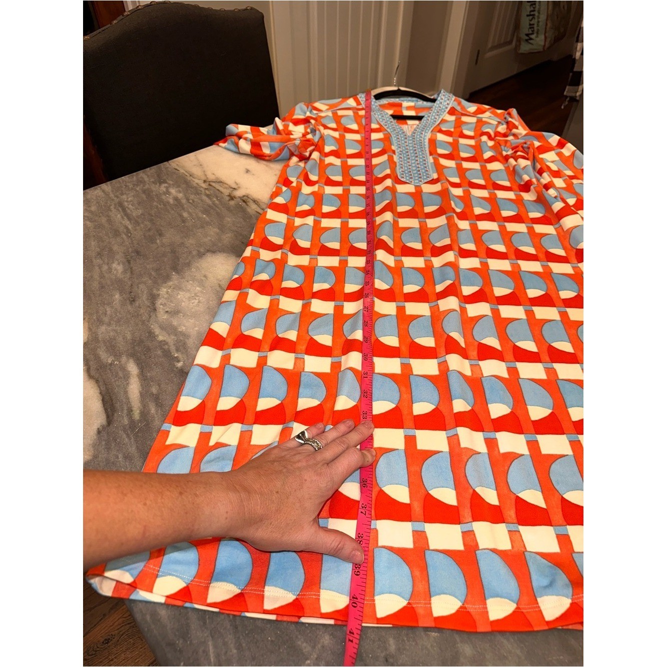 J. McLaughlin Size Large Retro Geometric MIDI Dress in Coral & Light Blue