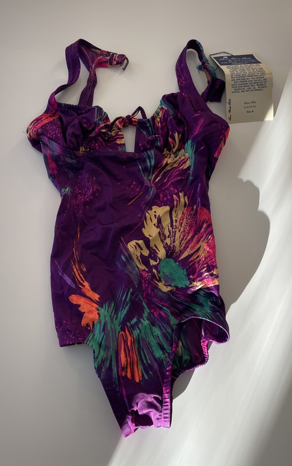 VTG ’70s Rose Marie Reid bright swimsuit NWT! Size 8 Style 1870 Eggplant Floral