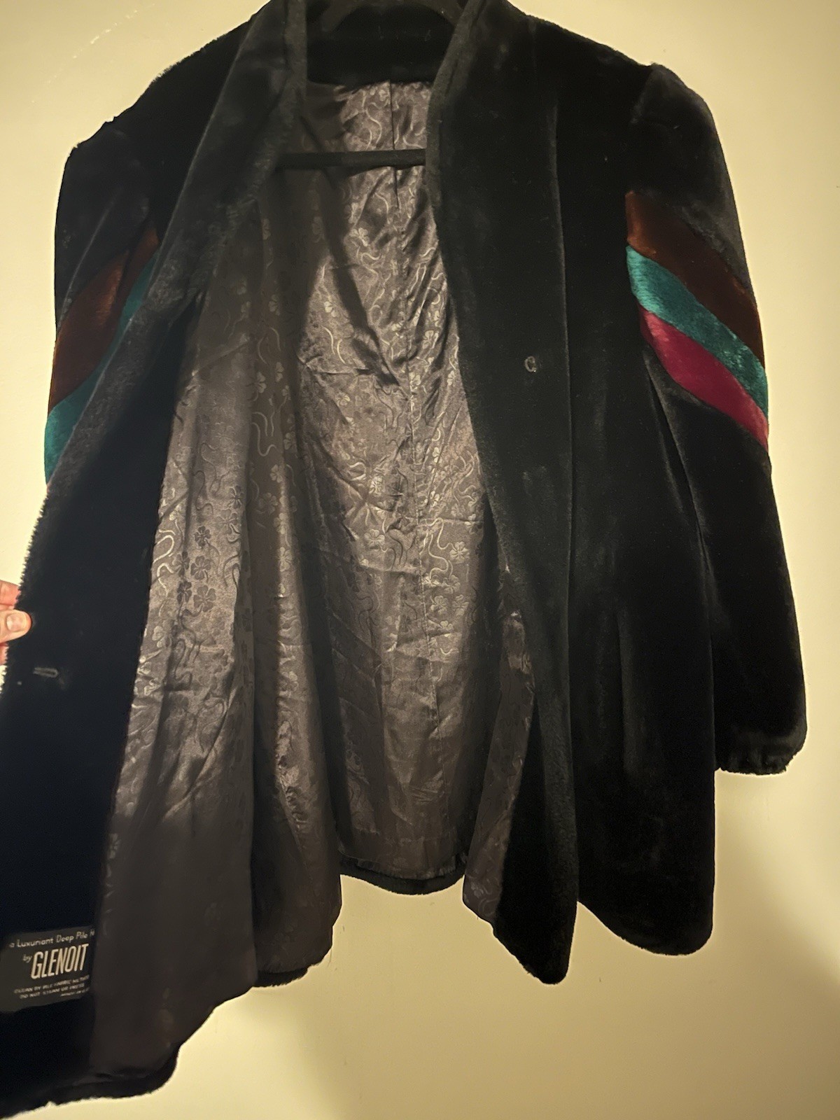 Vintage Glenoit Women’s Black Fur Coat With Color Blocks Size L/XL