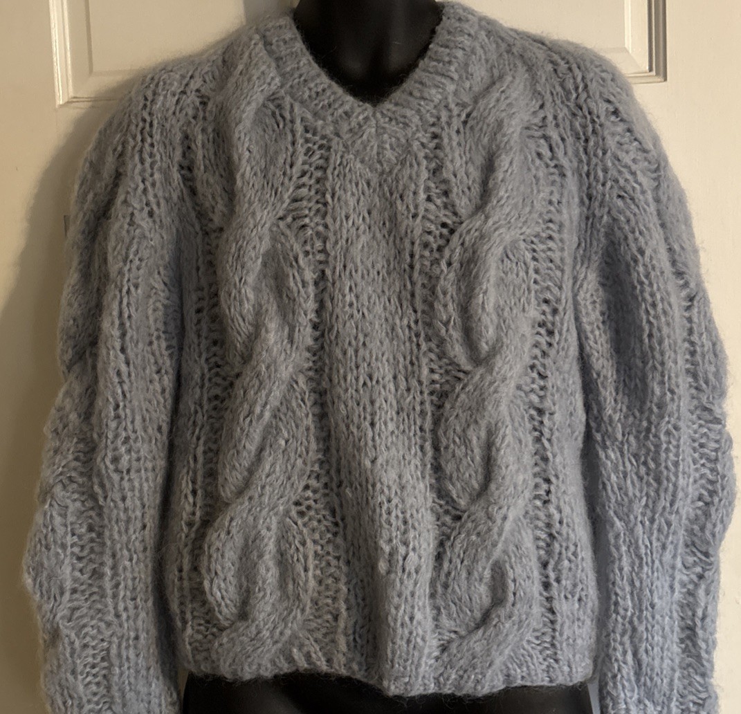Vintage Italian 75% Mohair Cable Knit Sweater Blue Chunky V Neck Women’s M