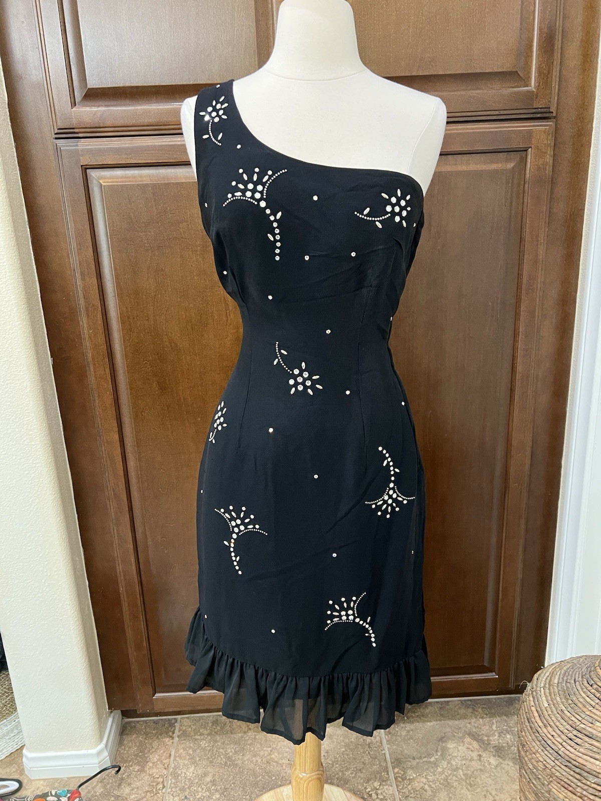 1950’s Lilli Diamond Black Cocktail Dress Rhinestones One Shoulder Ruffled Hem