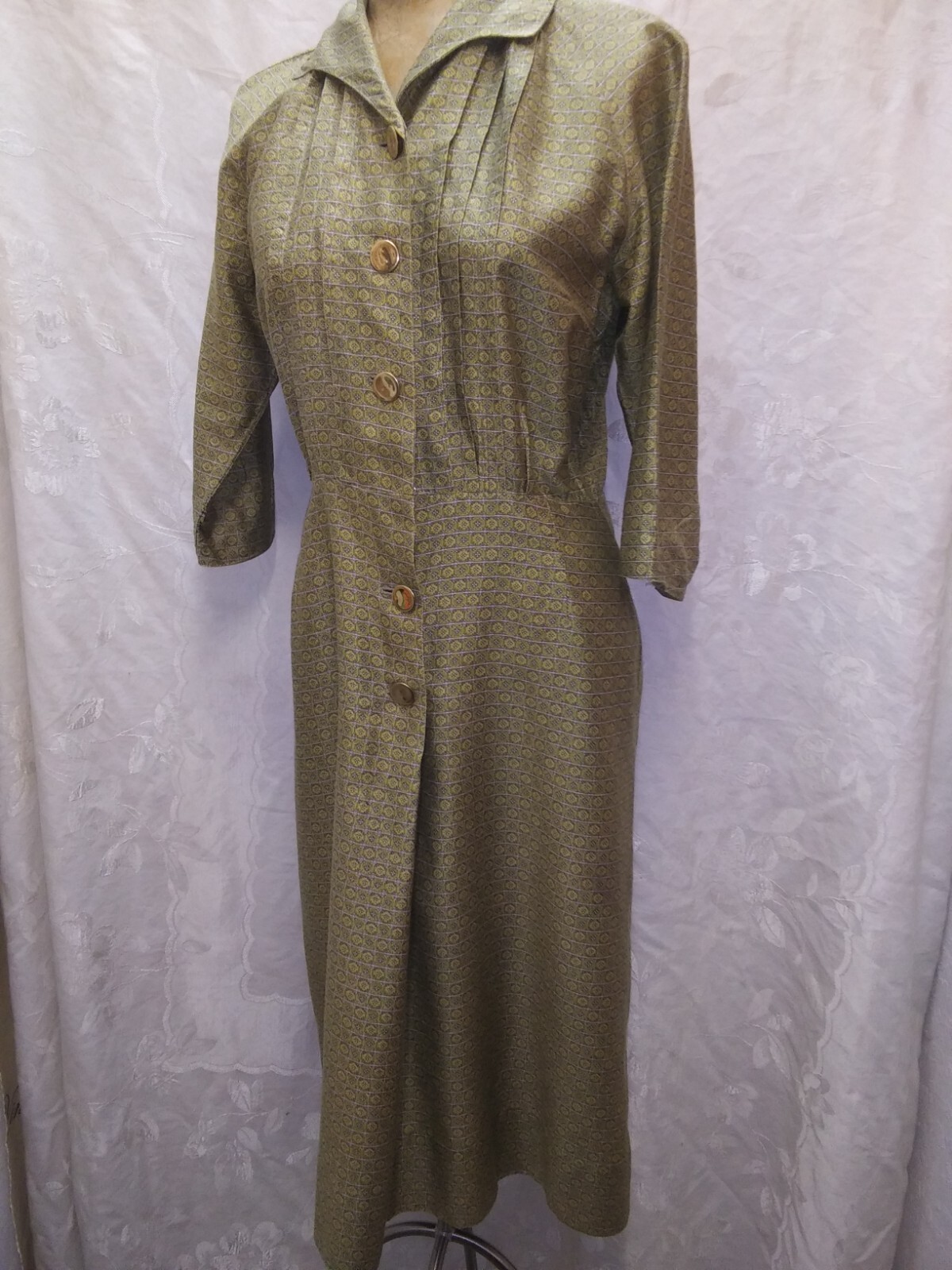 Vintage 1950’s Olive Green Dark Yellow Polished Cotton Elegant Dress Medium