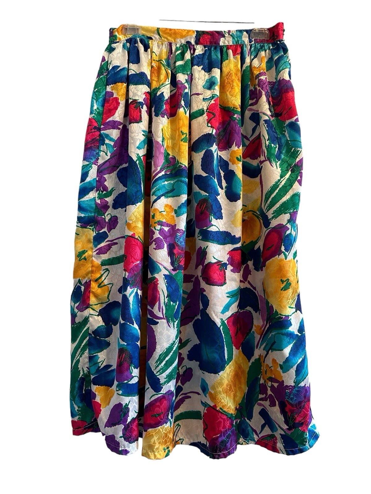 Vintage Natalie II Midi Floral Skirt Multicolor Sheen Shiny Lightweight Pull On