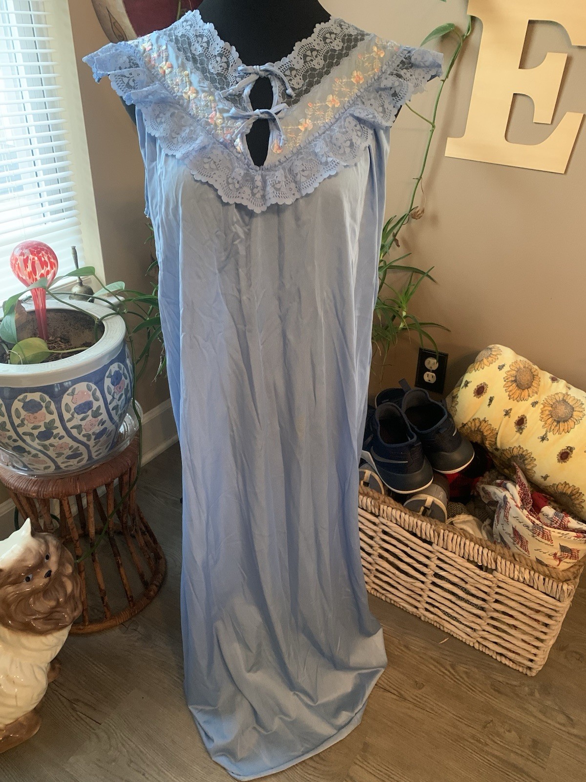 Rikki New York Maxi Nightgown Vintage Blue Nylon Size 38” Bust Embroidered Sweet