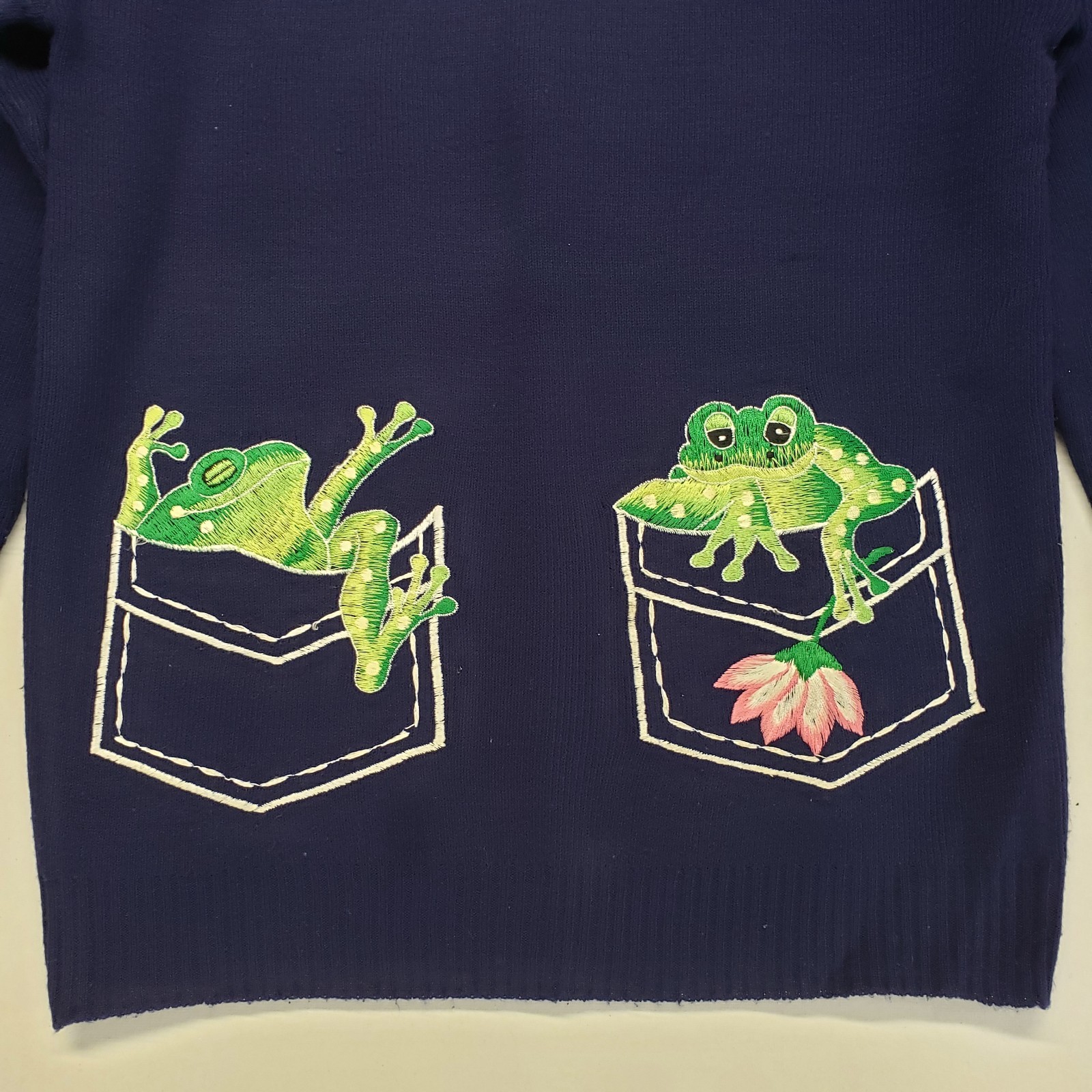 Vintage Cyn Les Shirlee Sweater Womens Size L Blue Retro 1970s Embroidered Frogs