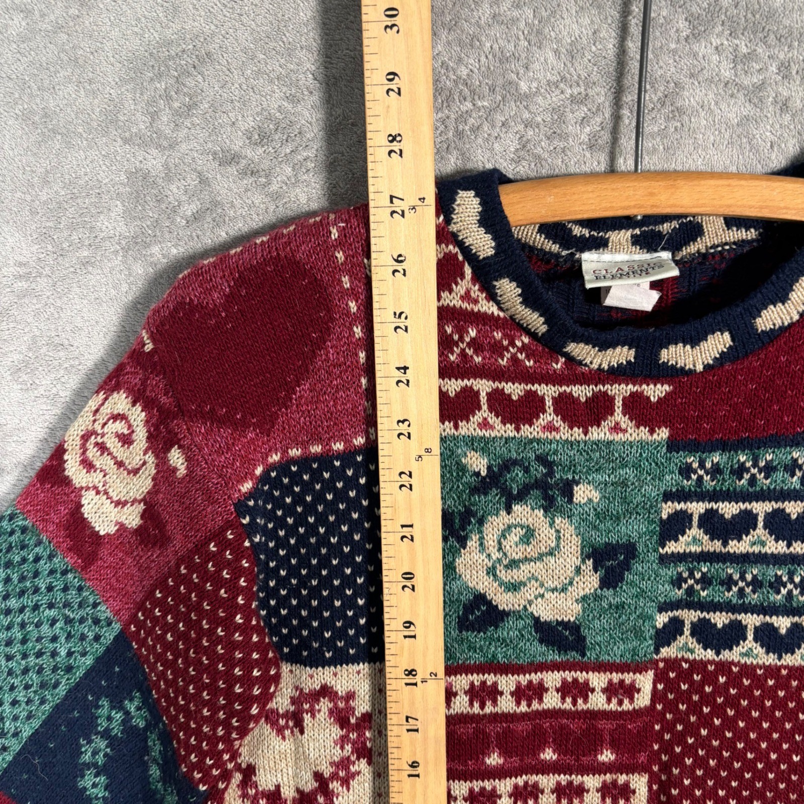Classic Elements Vintage 90s Patchwork Heart Rose Knit Sweater Petite Large USA