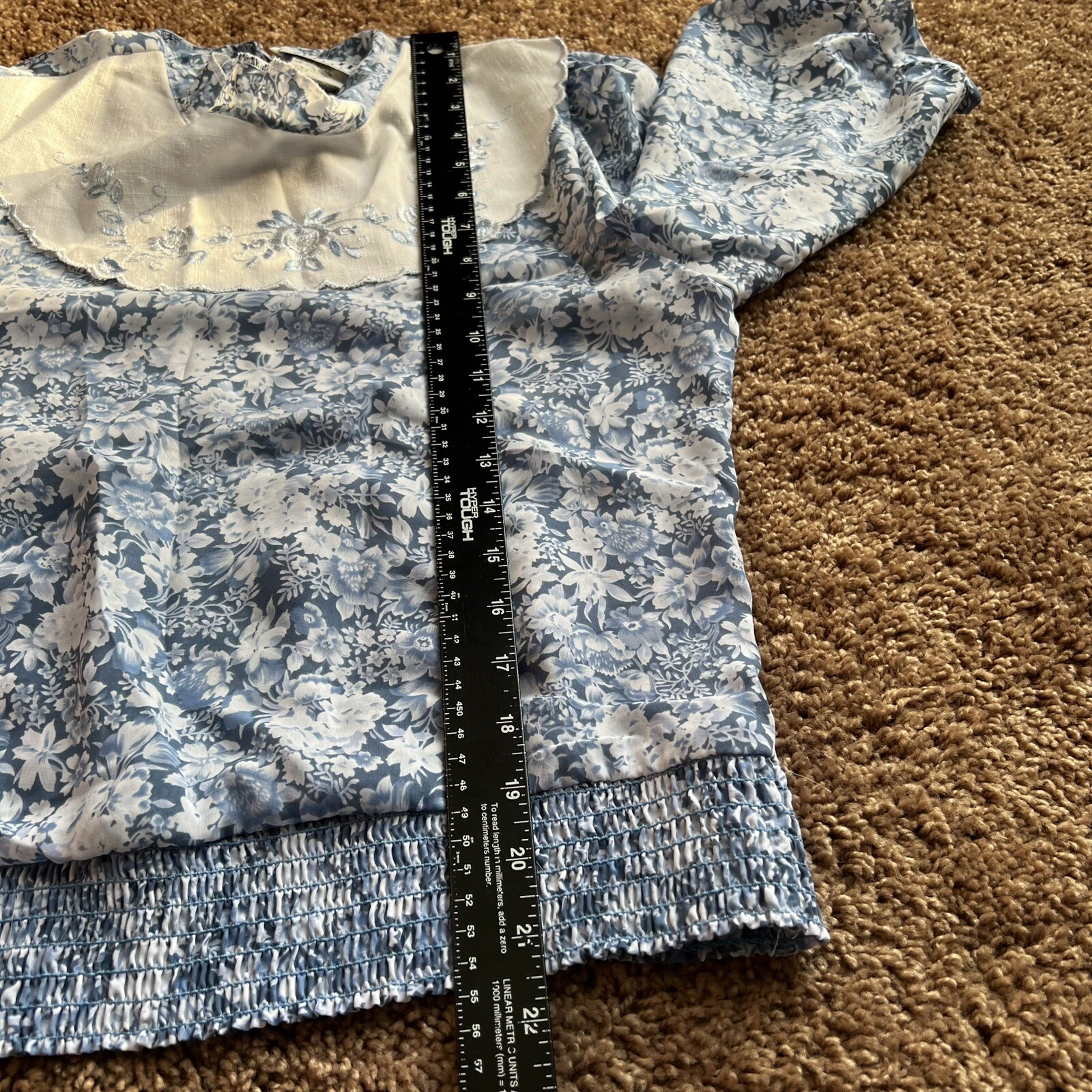 Vintage Victorian Lace Linen Ruffled Floral Blue Cottage Blouse Peasant 80s 8p