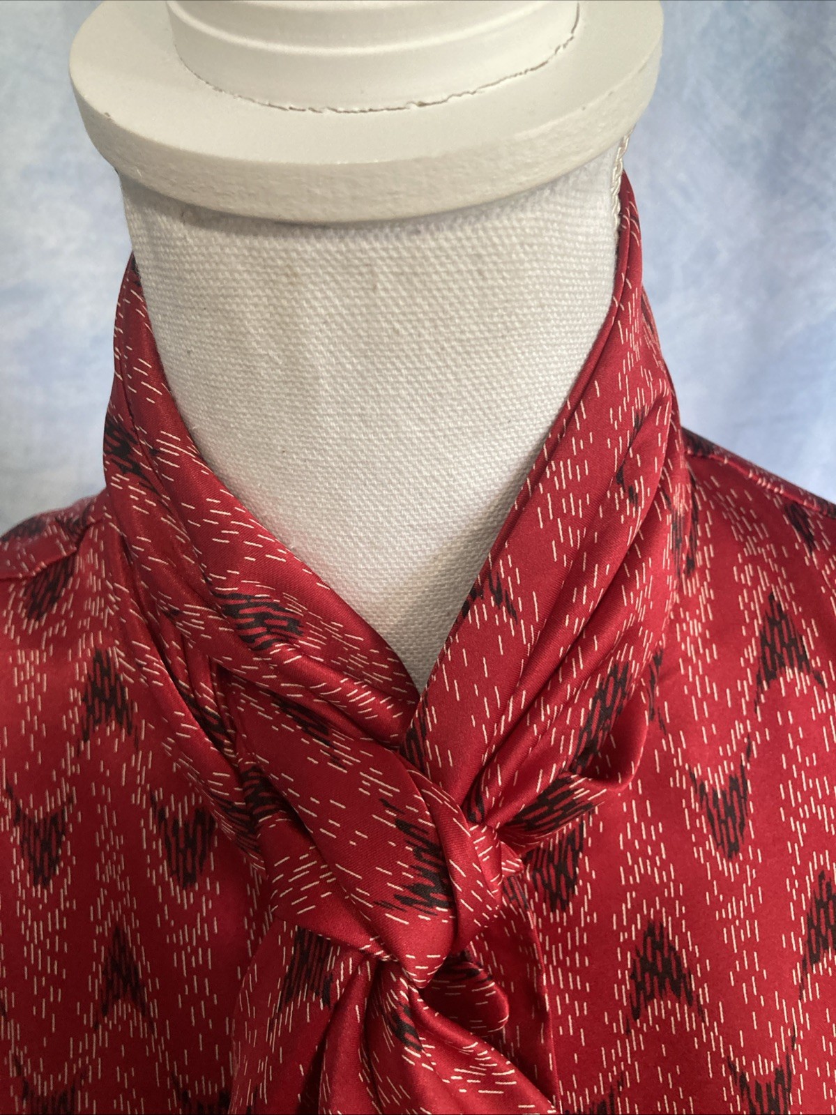 VTG 70s Weathervane Secretary Blouse Asymmetric Button Red Ikat Chevron Tie Neck