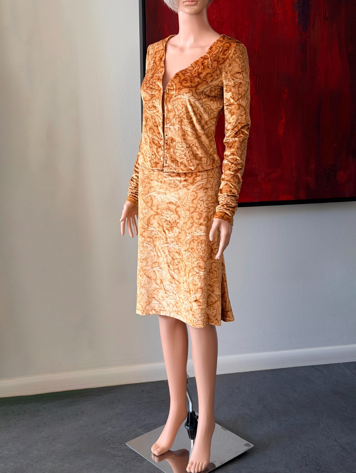 ROBERTO CAVALLI stretch velvet set top & skirt Baroque print from 1990s