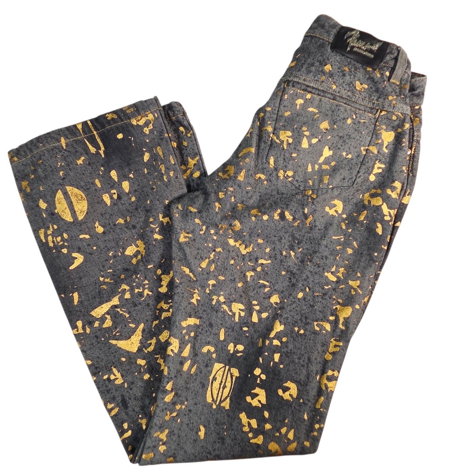 VTG Y2K Johnny Blaze Flame Jeans Womens Sz 7/8 Grey Metallic Gold Splatter Art