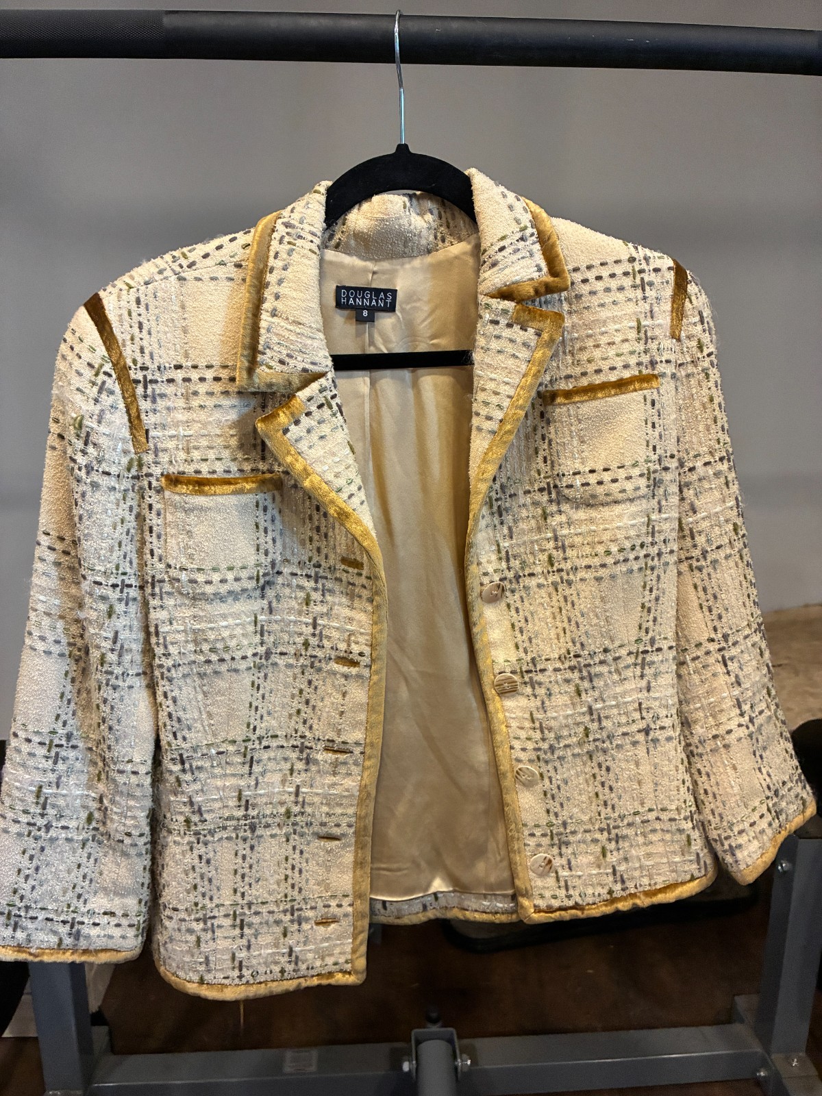 Douglas Hannant Vintage Cream Gold Tweed Blazer Jacket Velvet Trim USA Sz 8