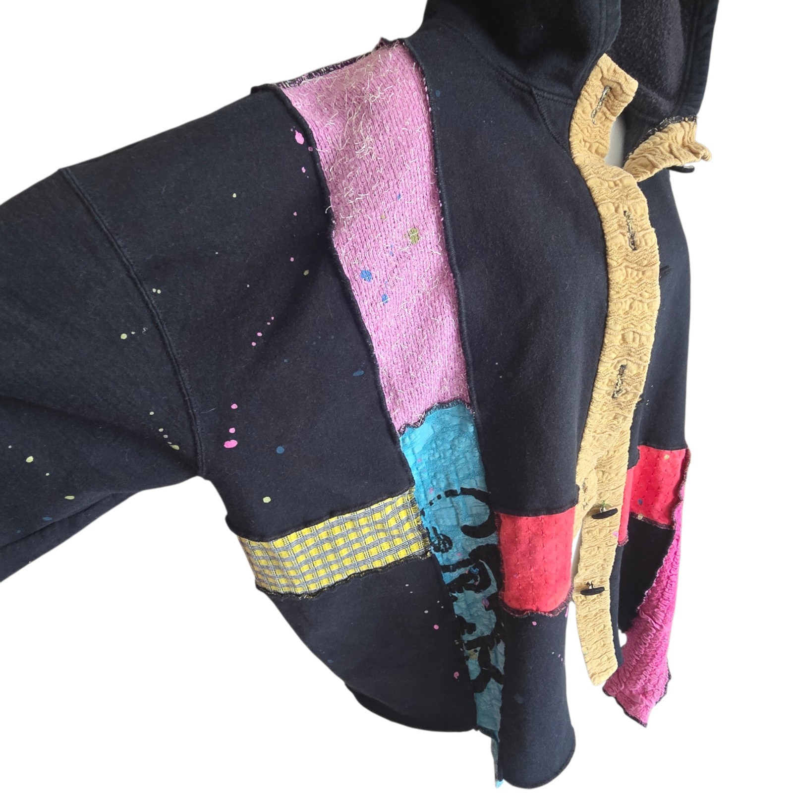 RareVintage Patchwork Mixed Media Artistic Grunge Boho Hippie Hooded Button Down