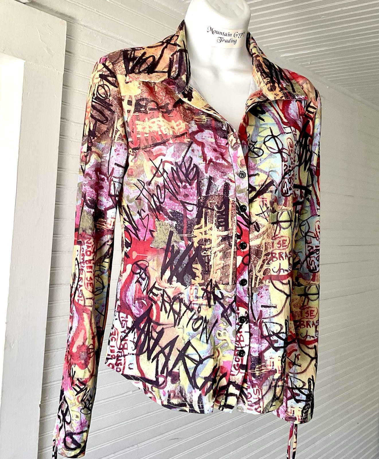 Vintage Y2K Colorful Graffiti Print Button Up Top By Rave Sz L Punk Rocker Edgy