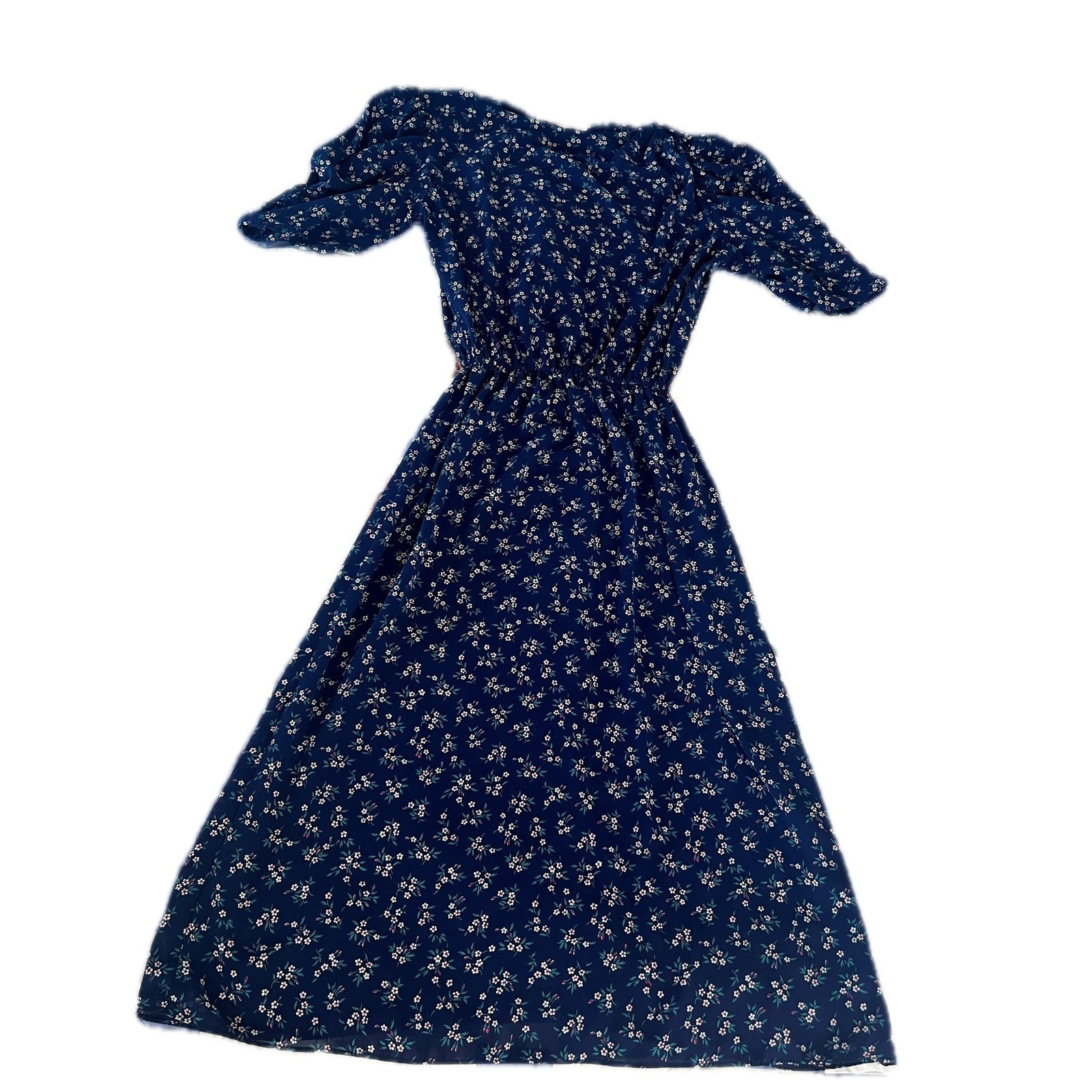 Vintage 70s Navy Blue Floral Ditsy Midi Dress Puff Sleeve 11/12 Prarie Fall