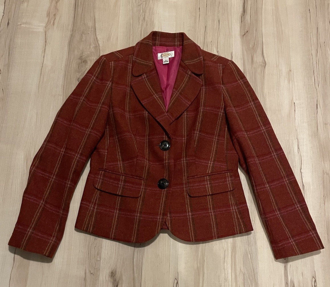 Vintage Talbots Wool Plaid Blazer Women’s Size 8 Rust Peplum Back Lined 2 Button