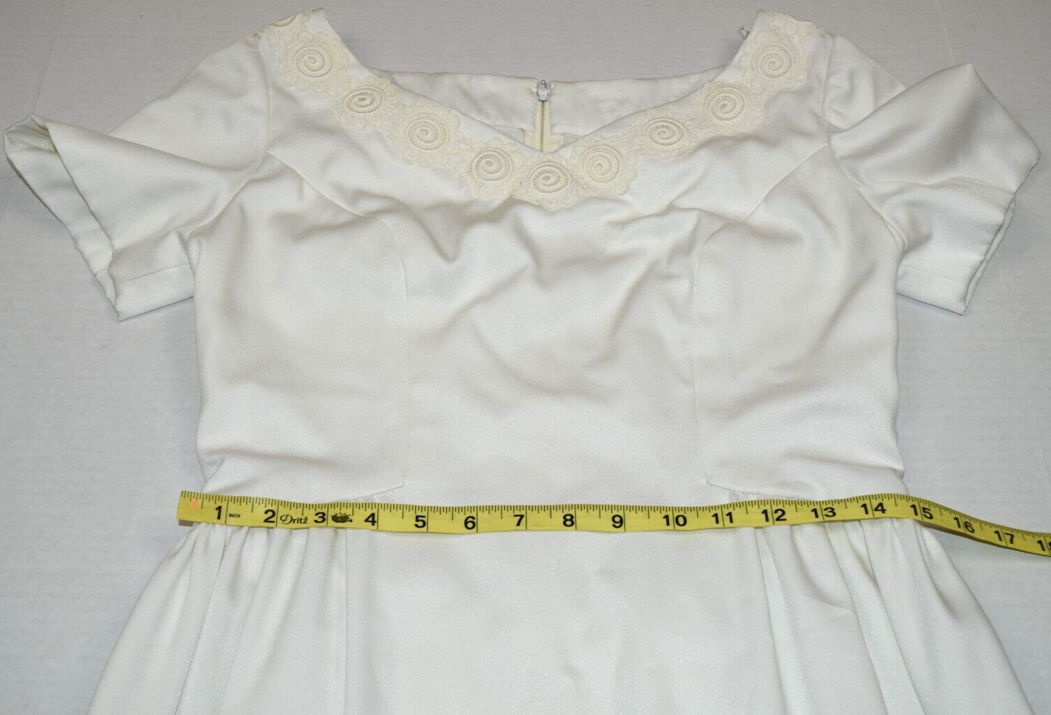 Vintage Wedding Dress Size S 60s Pearl Embroidered Trim Back Pleats Short Sleeve