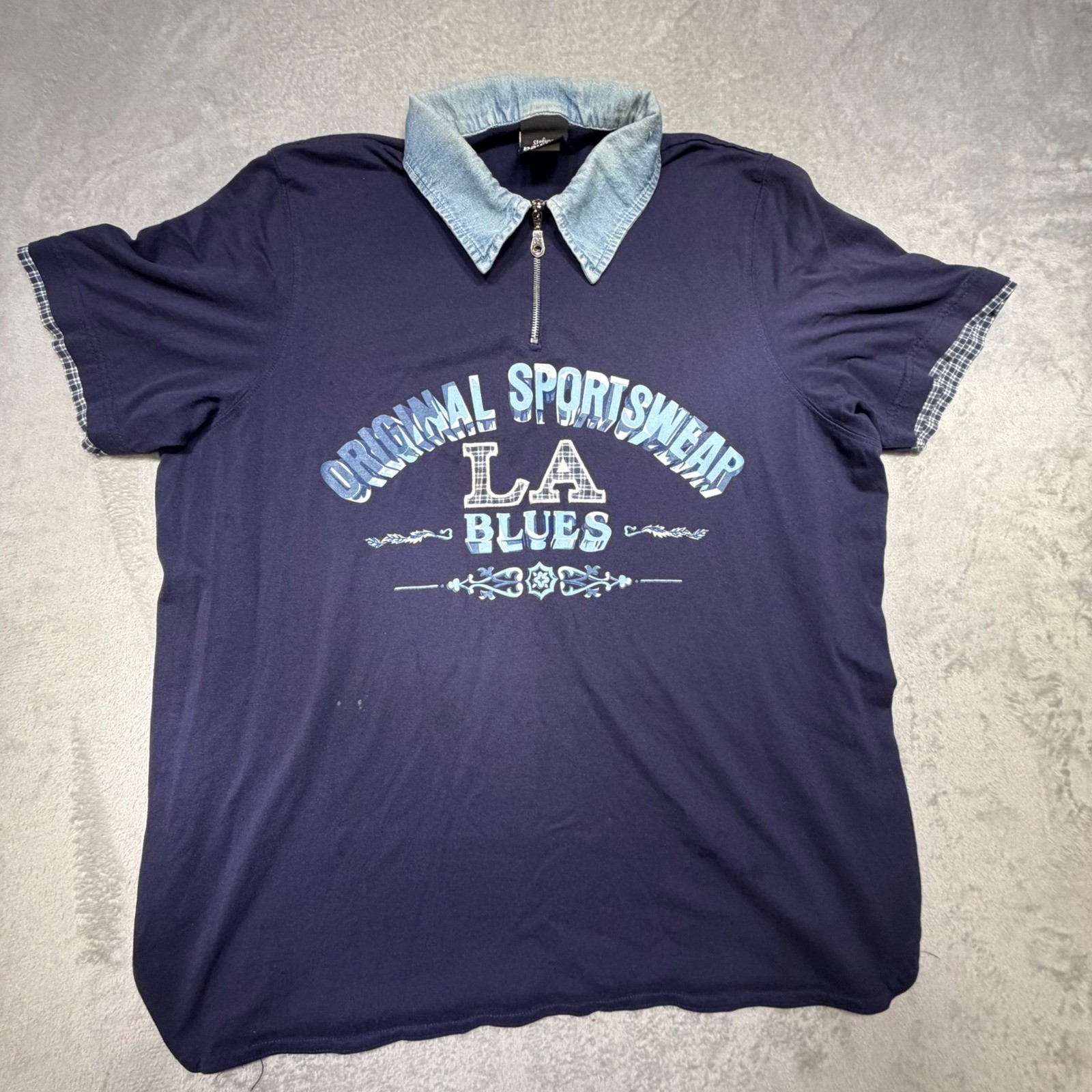 Vintage LA Blues Navy Graphic Polo Shirt Denim Collar Plaid Trim XL Cotton 90s