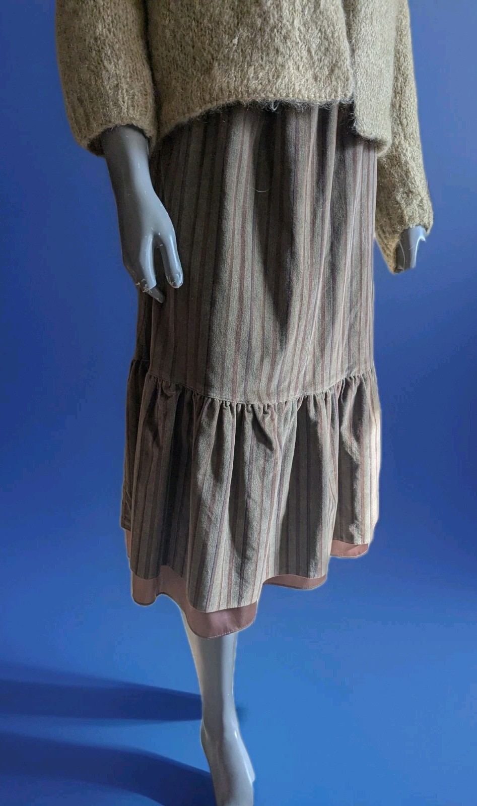 Vintage 1970s The Strawberry Plant Striped Velvet Midi Skirt w/Ruffled Hem XS