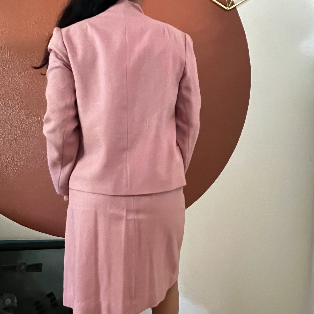 Vintage 1970s Pink Skirt Suit Pleated Blazer Set Small Wool Blend