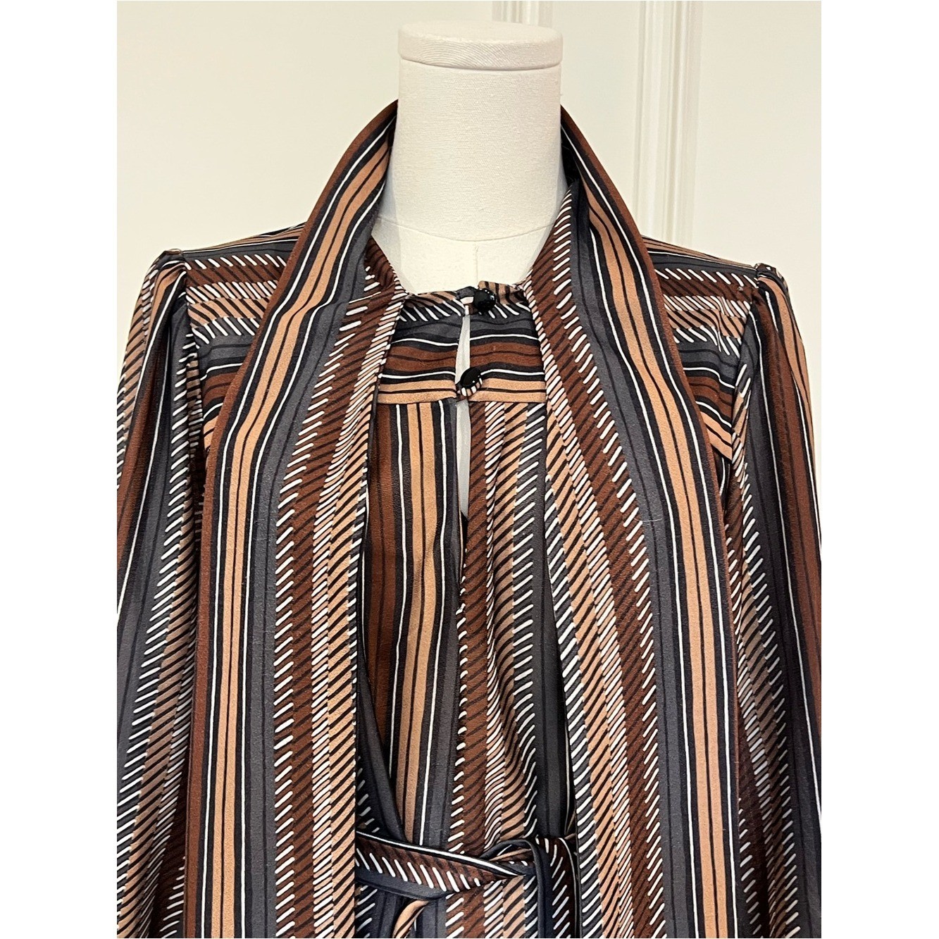 Vintage 70s Secretary Dress Brown Stripe Bow Scarf Neck Belted Blouson