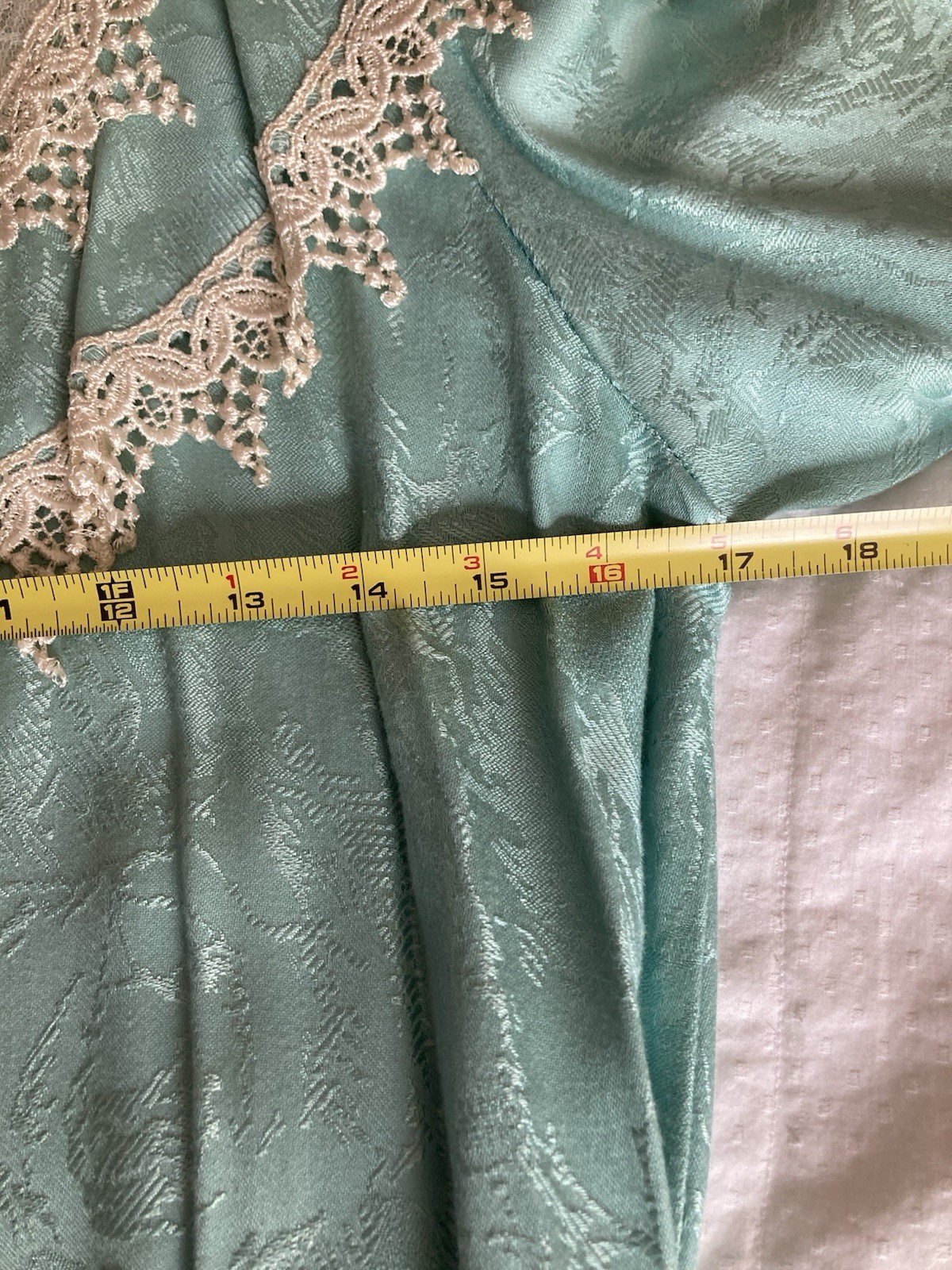 JSJ Vintage Aqua Jacquard/Brocade Dress With Lace & Pearls Size 7/8 Made In USA