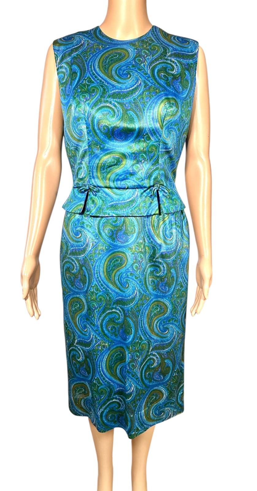 Vintage 1960s Selma Washington DC Blue Green Paisley 2 Pc Dress Top Set Sz 6 S