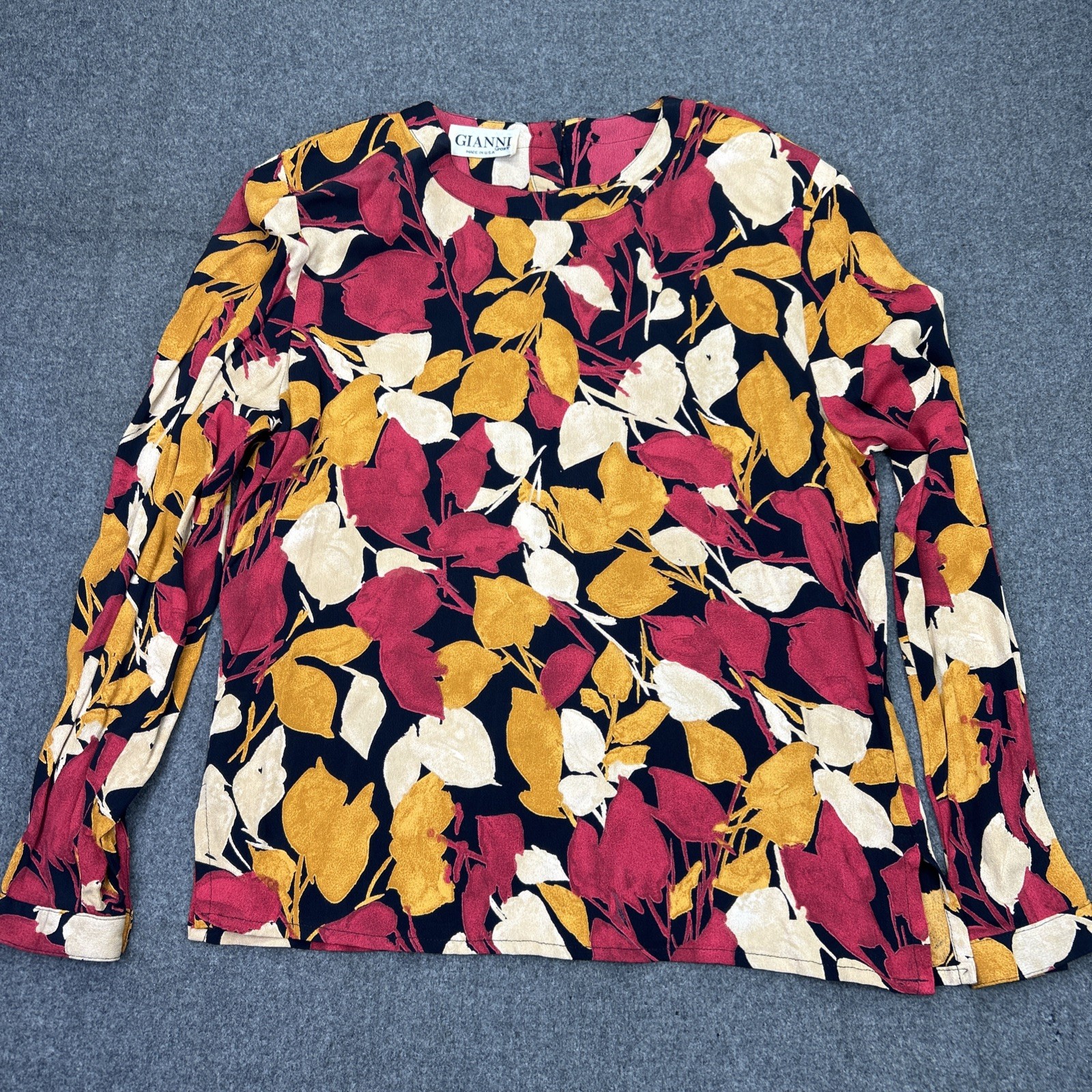 Vintage Gianni Sport Womens 12 Floral Blouse Made USA Padded Shoulders Fall Tree