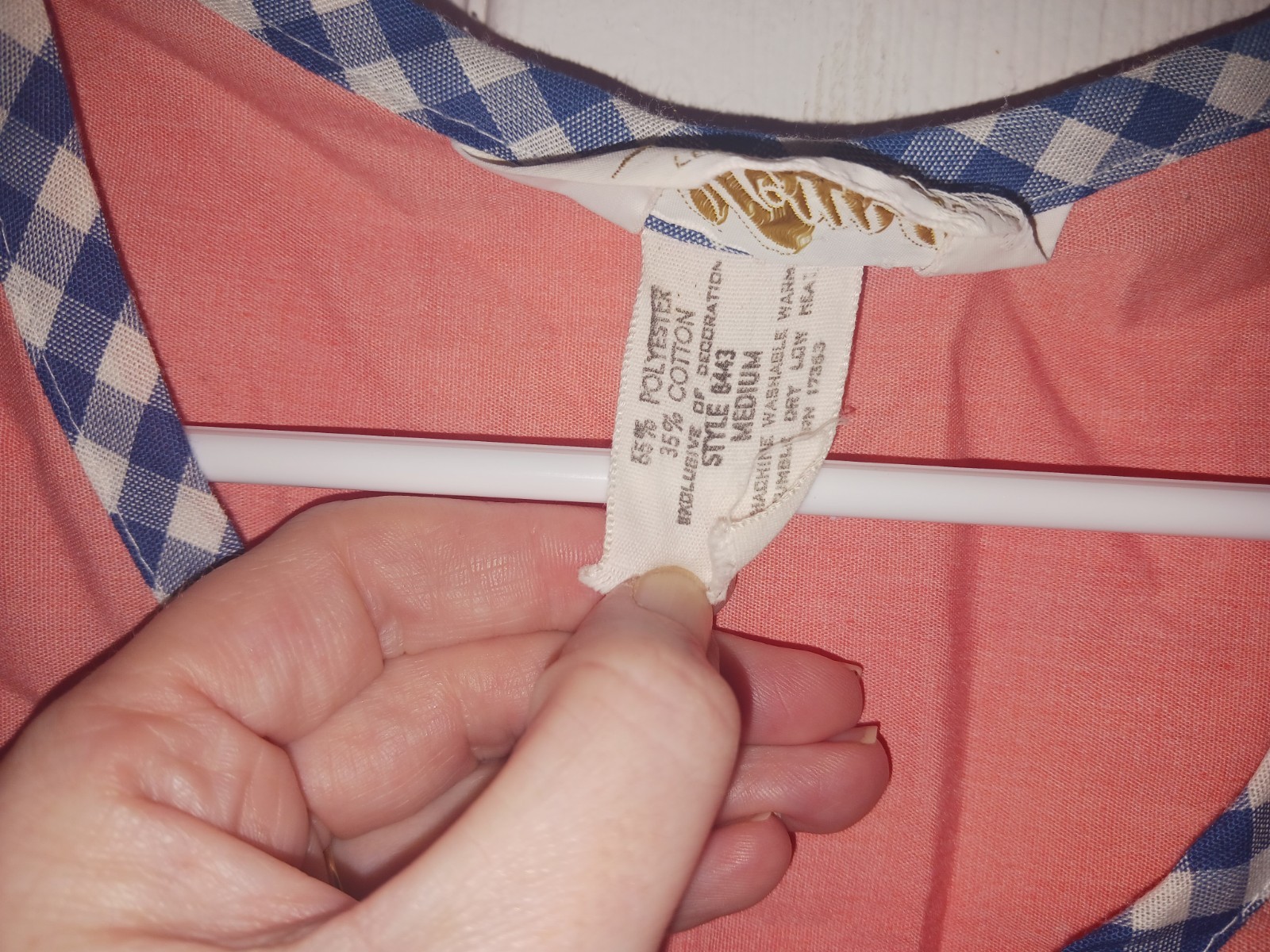 VTG 60s/70s Komar Zippered House Dress Sleeveless M Peach/Blue Gingham Trim
