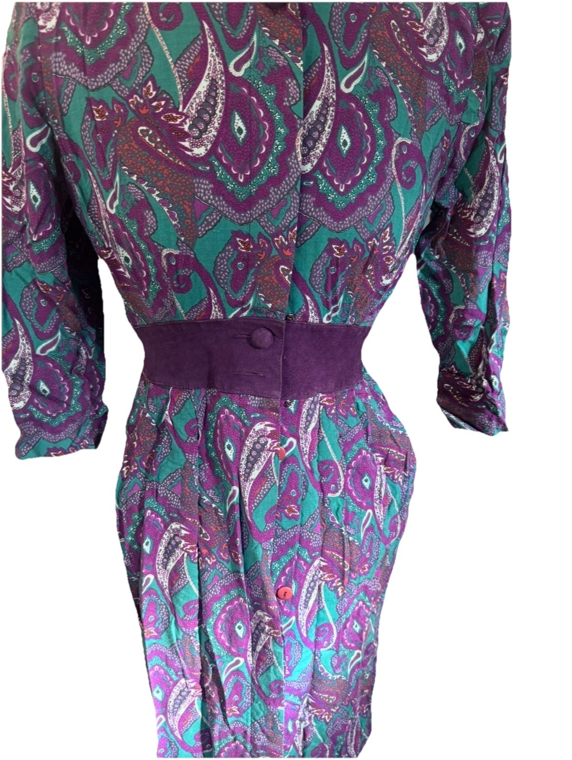 Paisley Print Shirt Dress Purple Green Pink Belted Long Sleeve Vintage – Small