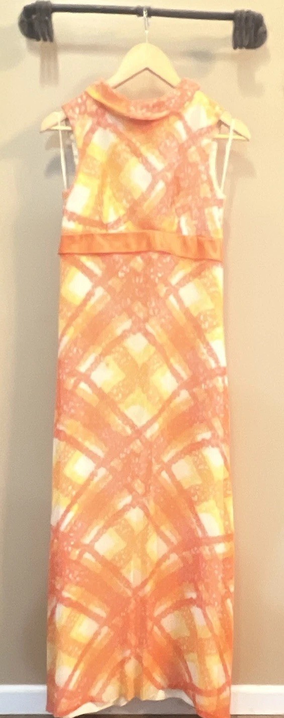 Sleeveless Maxi Dress Orange Yellow White Geometric Casual Bow Waist Vintage