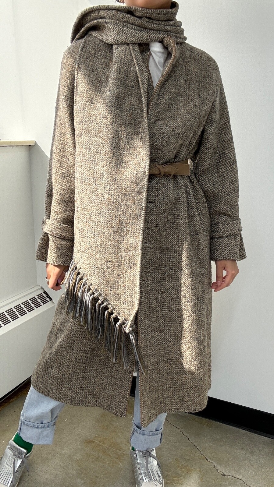 VTG 70s/80s Wool Blend Tweed Full Length Coat with Matching Scarf Set: Size M